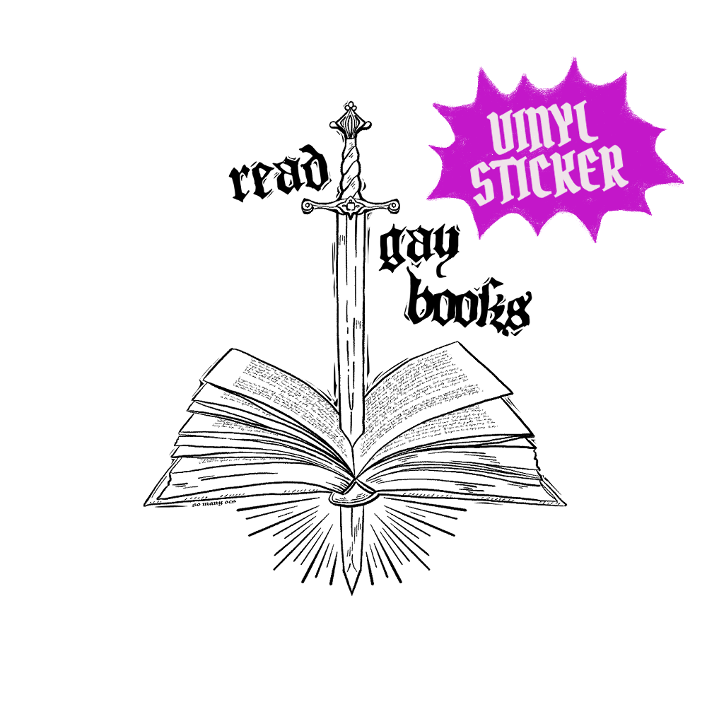 read gay books | sword through tome illustrated vinyl art print sticker